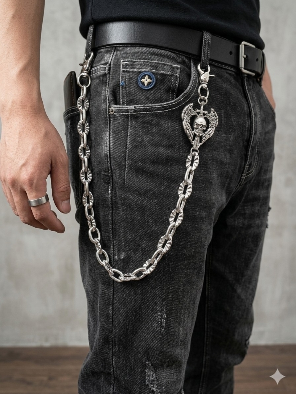 Gothic Silver Link Pants Chain Winged Skull 24 Inches
